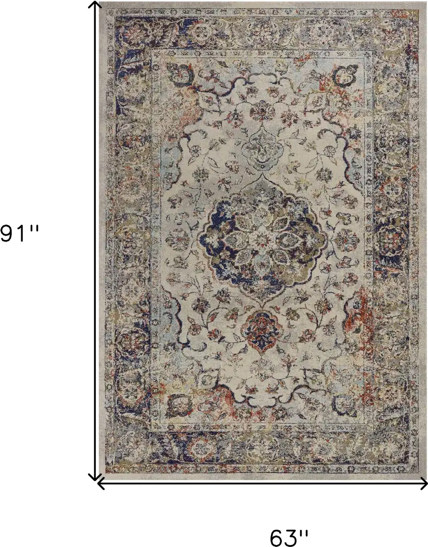 5'X8' Ivory Machine Woven Traditional Floral Medallion Indoor Area Rug Photo 3