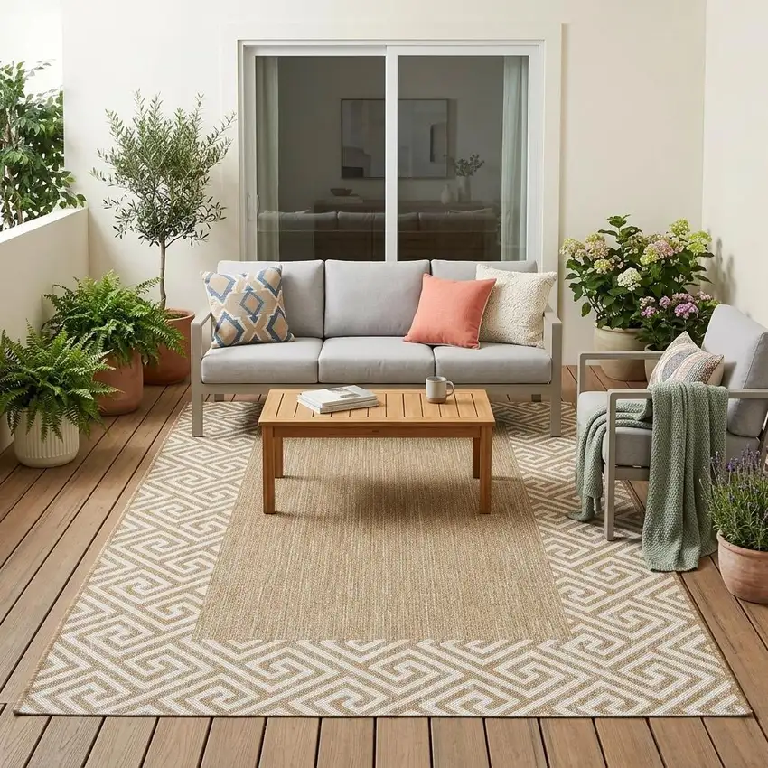 Ivory Geometric Indoor Outdoor Area Rug Photo 1