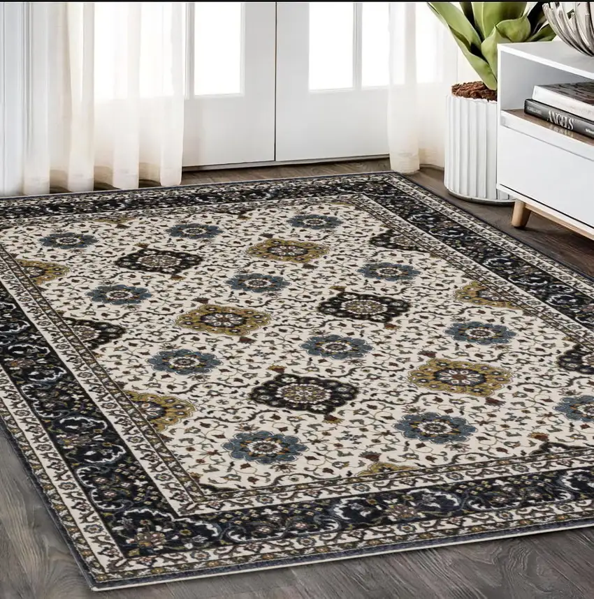 Ivory Medallion Area Rug With Fringe Photo 1