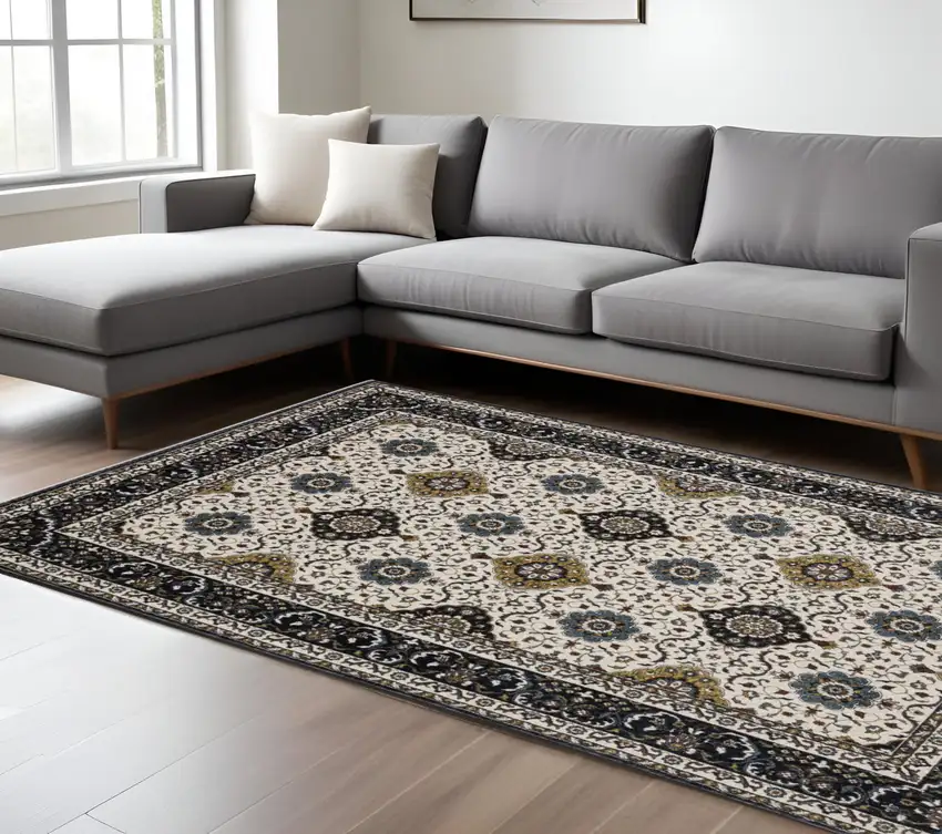 Ivory Medallion Area Rug With Fringe Photo 1