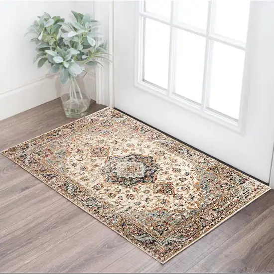 Ivory Navy and Orange Medallion Power Loom Area Rug Photo 1
