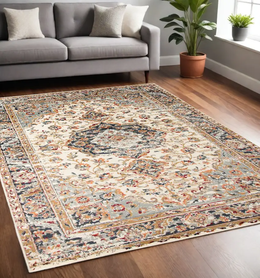 5' X 7' Ivory Medallion Power Loom Area Rug Photo 1