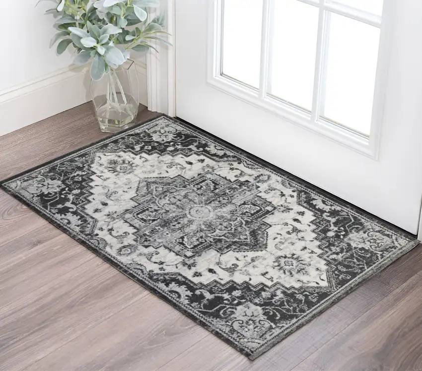 Ivory Black and Gray Medallion Power Loom Area Rug Photo 1