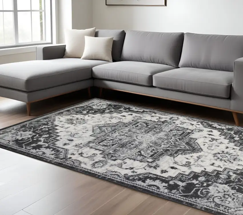 Ivory Black and Gray Medallion Power Loom Area Rug Photo 1