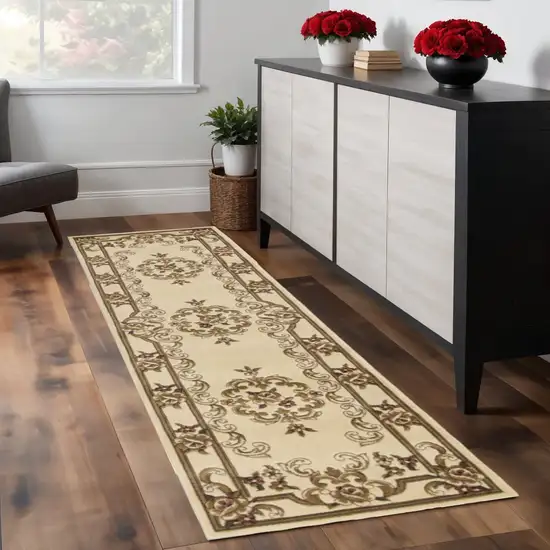8' Beige And Brown Floral Medallion Runner Rug Photo 1
