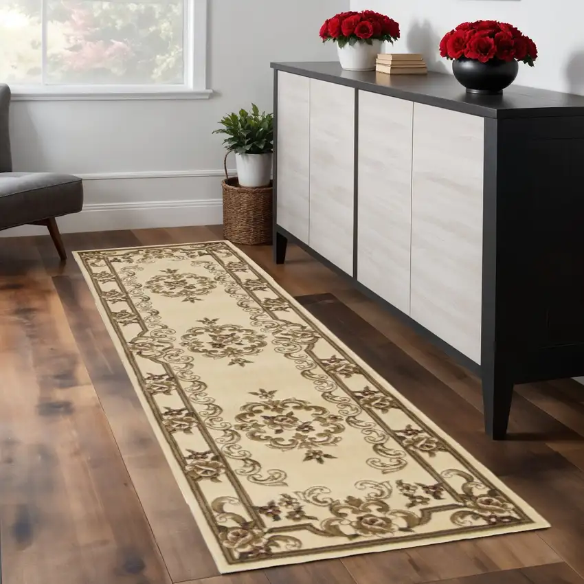 8' Beige And Brown Floral Medallion Runner Rug Photo 1