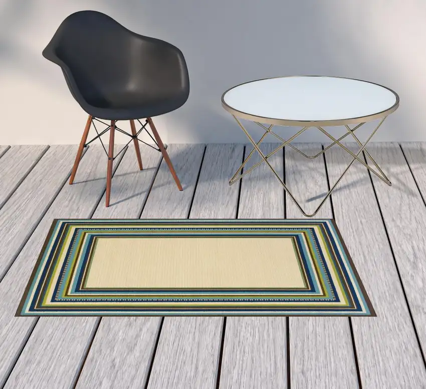 Ivory Mediterranean Blue and Lime Border Indoor Outdoor Area Rug Photo 4