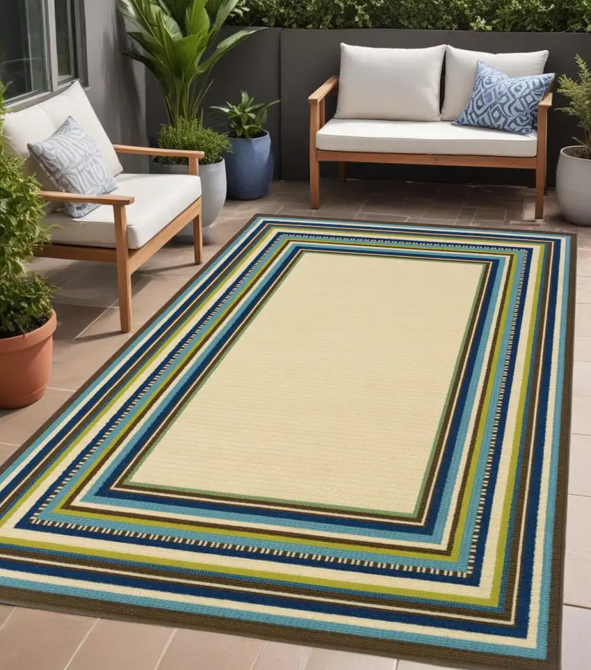 Ivory and Blue Striped Indoor Outdoor Area Rug Photo 1