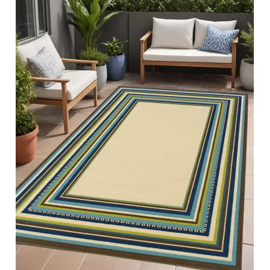Ivory and Blue Striped Indoor Outdoor Area Rug Photo 1