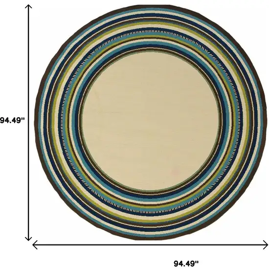 8' Ivory And Blue Round Striped Indoor Outdoor Area Rug Photo 7