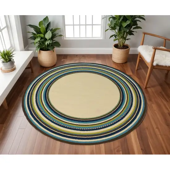 8' Ivory And Blue Round Striped Indoor Outdoor Area Rug Photo 2