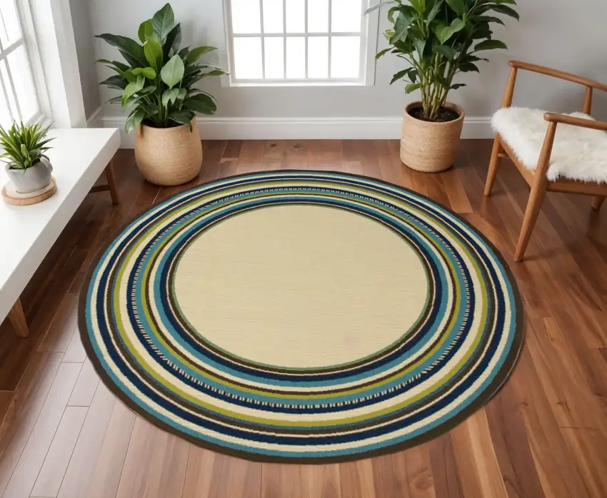 8' Ivory And Blue Round Striped Indoor Outdoor Area Rug Photo 2