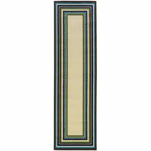 Photo of Ivory Mediterranean Blue and Lime Border Indoor Outdoor Runner Rug