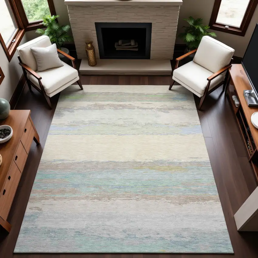 Ivory Mint Green And Teal Abstract Washable Area Rug With UV Protection Photo 4