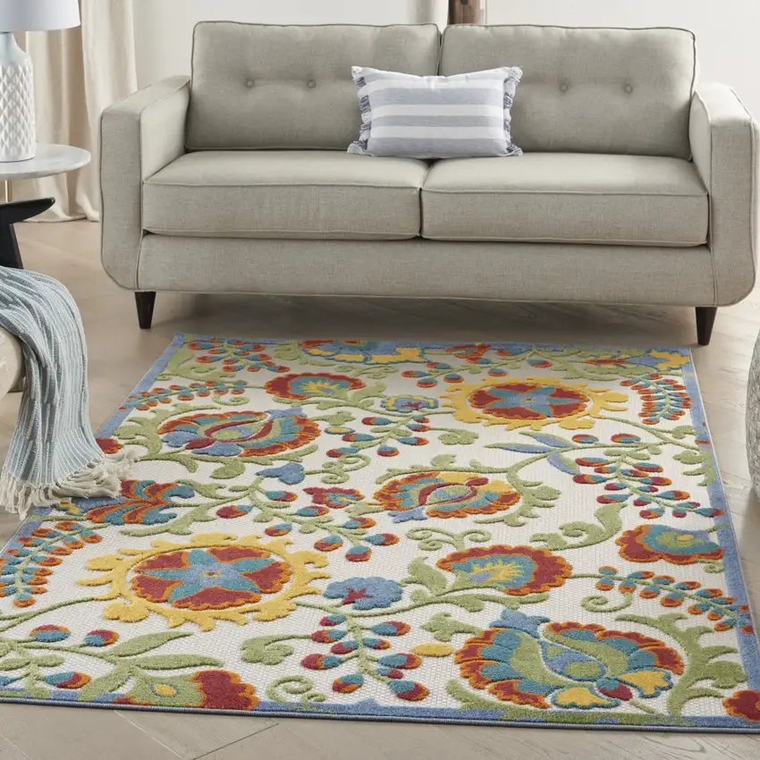 Ivory Multi Floral Indoor Outdoor Area Rug Photo 6