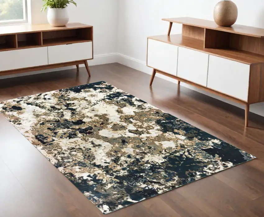 Ivory Navy Abstract Marble Indoor Area Rug Photo 1