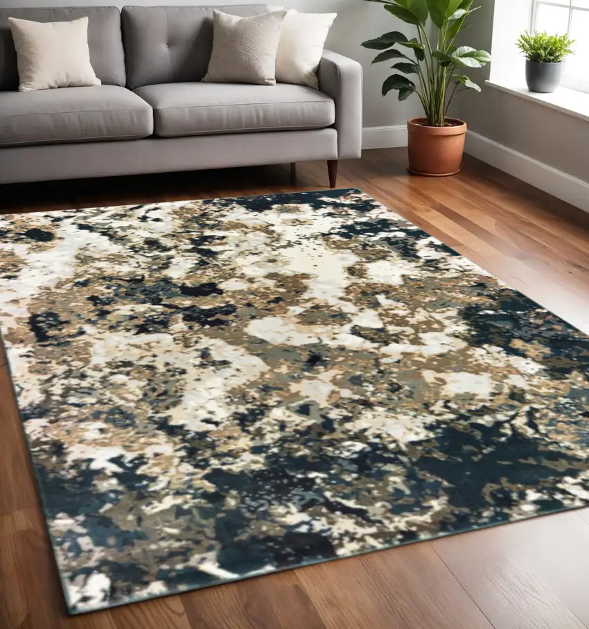 Ivory And Navy Blue Abstract Area Rug Photo 1