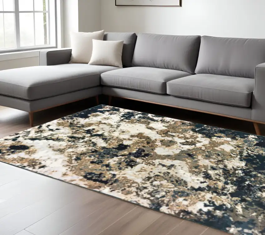 Ivory And Navy Blue Abstract Area Rug Photo 1