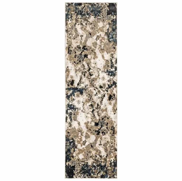 Ivory Navy Abstract Marble Indoor Runner Rug Photo 2