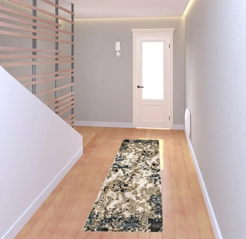 Ivory Navy Abstract Marble Indoor Runner Rug Photo 4