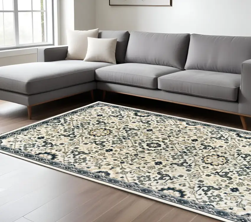 Ivory And Navy Blue Oriental Area Rug Photo 1