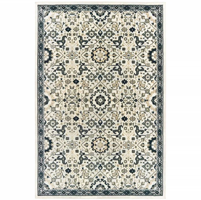 Ivory Navy And Gold Oriental Power Loom Stain Resistant Area Rug Photo 2