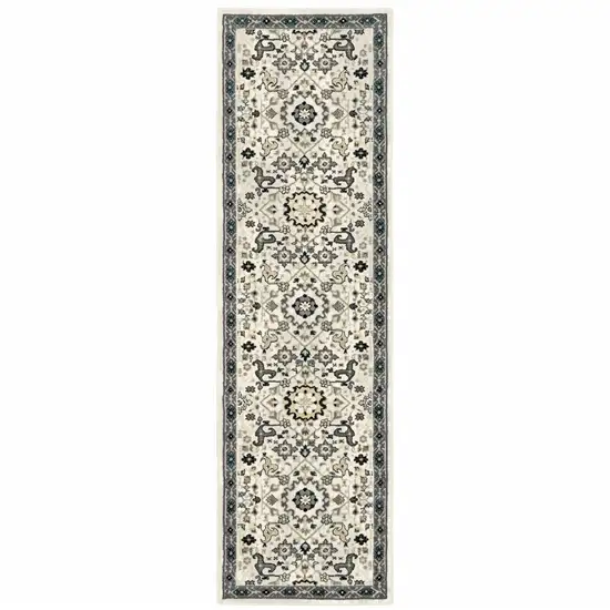 2' X 8' Ivory Navy And Gold Oriental Power Loom Stain Resistant Runner Rug Photo 2