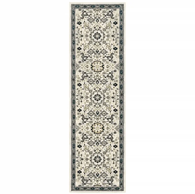 Ivory Navy And Gold Oriental Power Loom Stain Resistant Runner Rug Photo 2