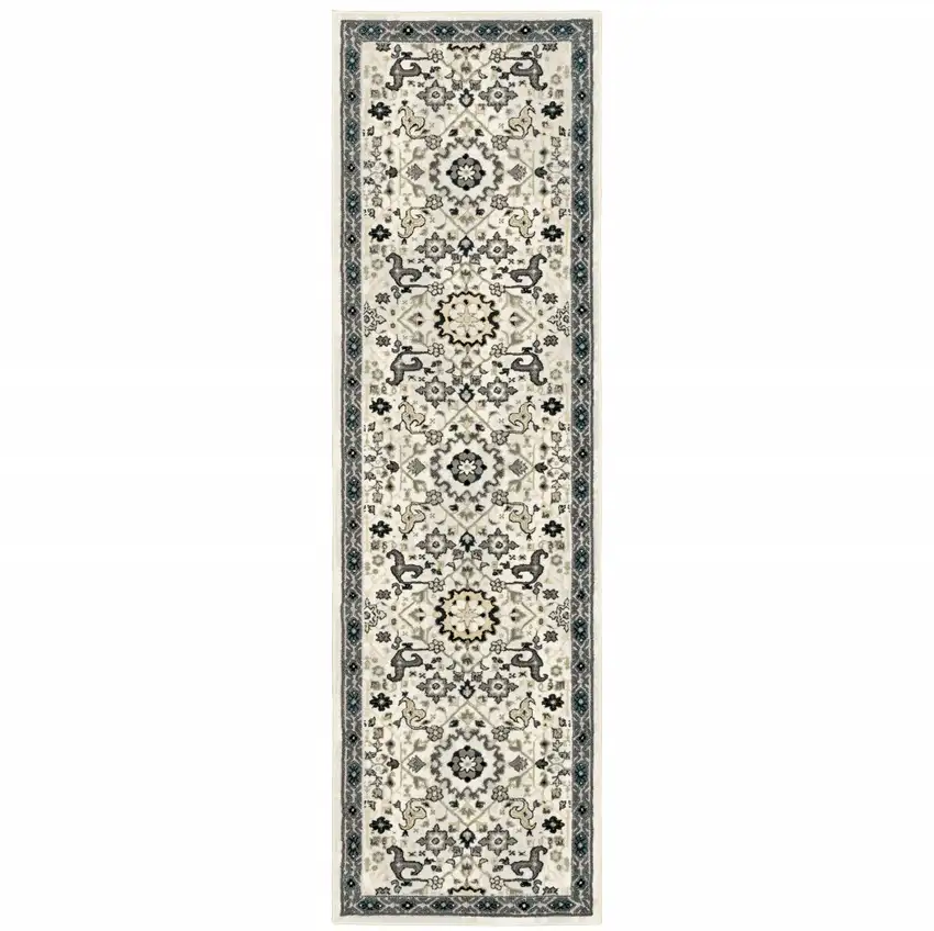 2' X 8' Ivory Navy And Gold Oriental Power Loom Stain Resistant Runner Rug Photo 2