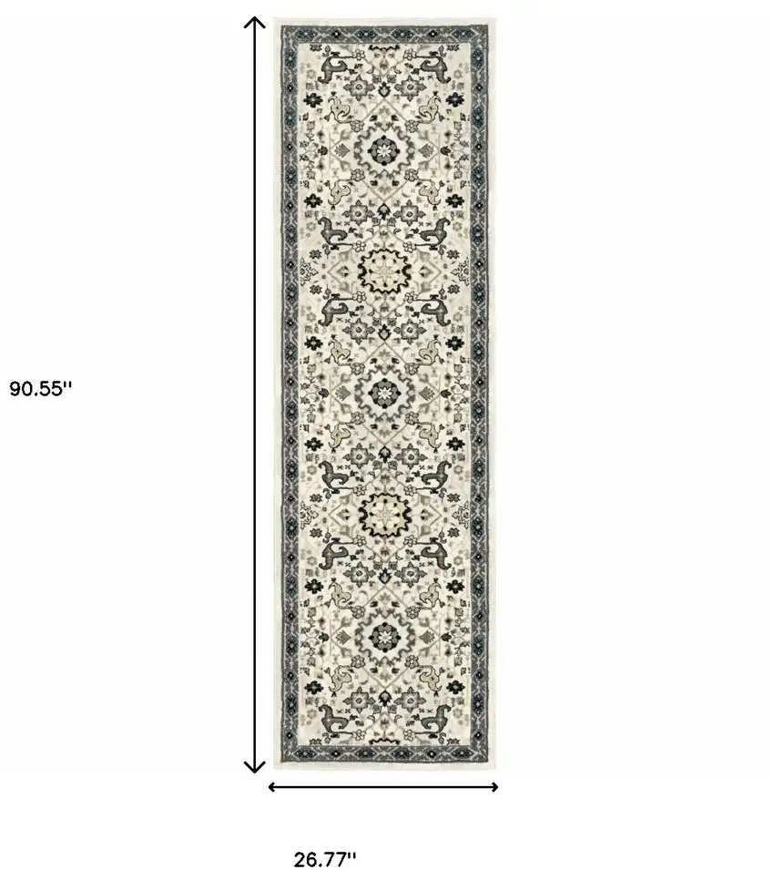 Ivory Navy And Gold Oriental Power Loom Stain Resistant Runner Rug Photo 6