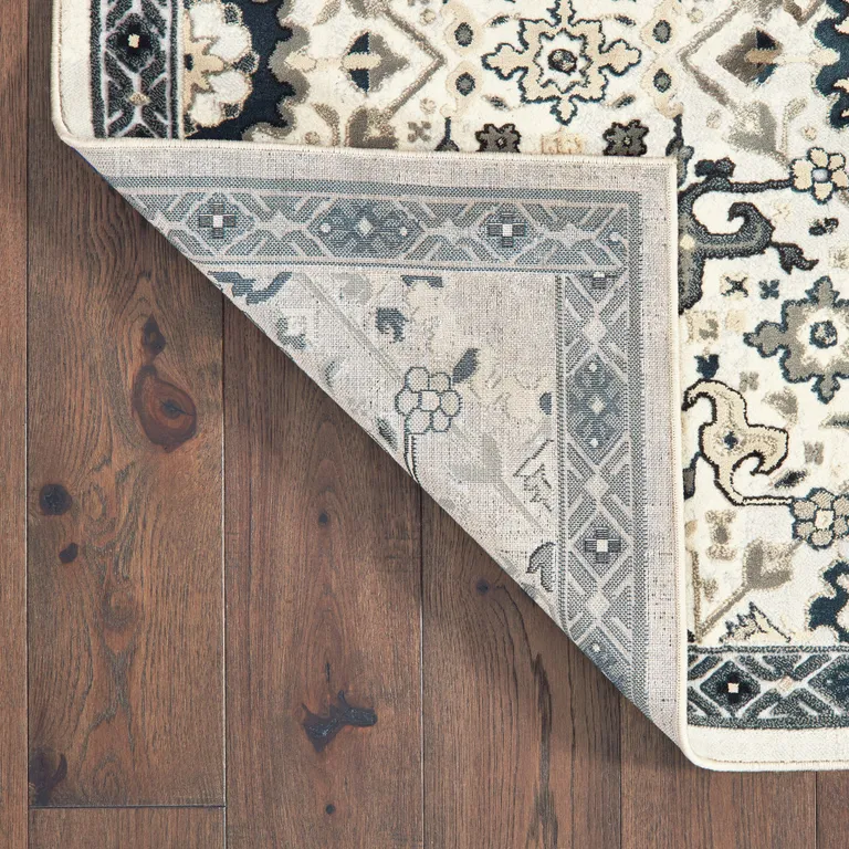 Ivory Navy And Gold Oriental Power Loom Stain Resistant Runner Rug Photo 5