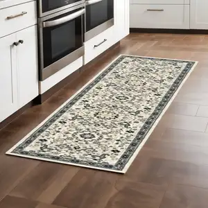 Photo of Ivory Navy And Gold Oriental Power Loom Stain Resistant Runner Rug