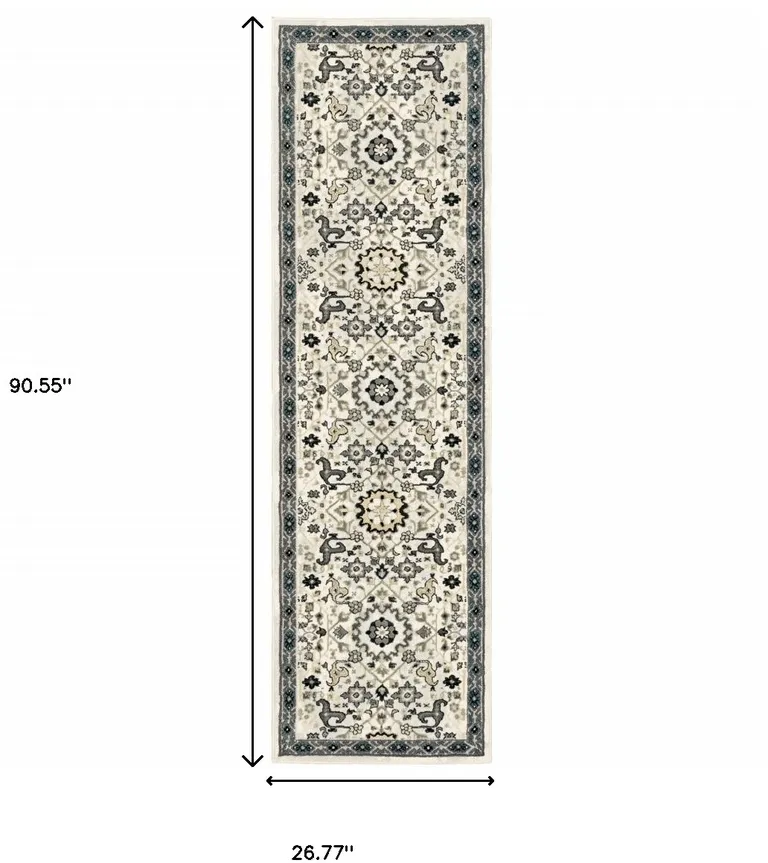 Ivory Navy And Gold Oriental Power Loom Stain Resistant Runner Rug Photo 3