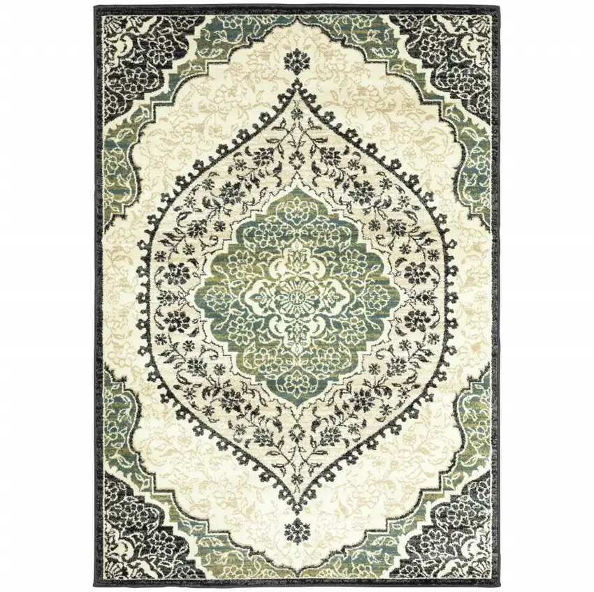 Ivory Navy And Green Oriental Power Loom Stain Resistant Area Rug Photo 1