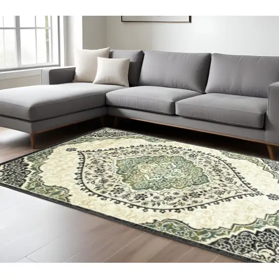 Ivory Navy And Green Oriental Power Loom Stain Resistant Area Rug Photo 1
