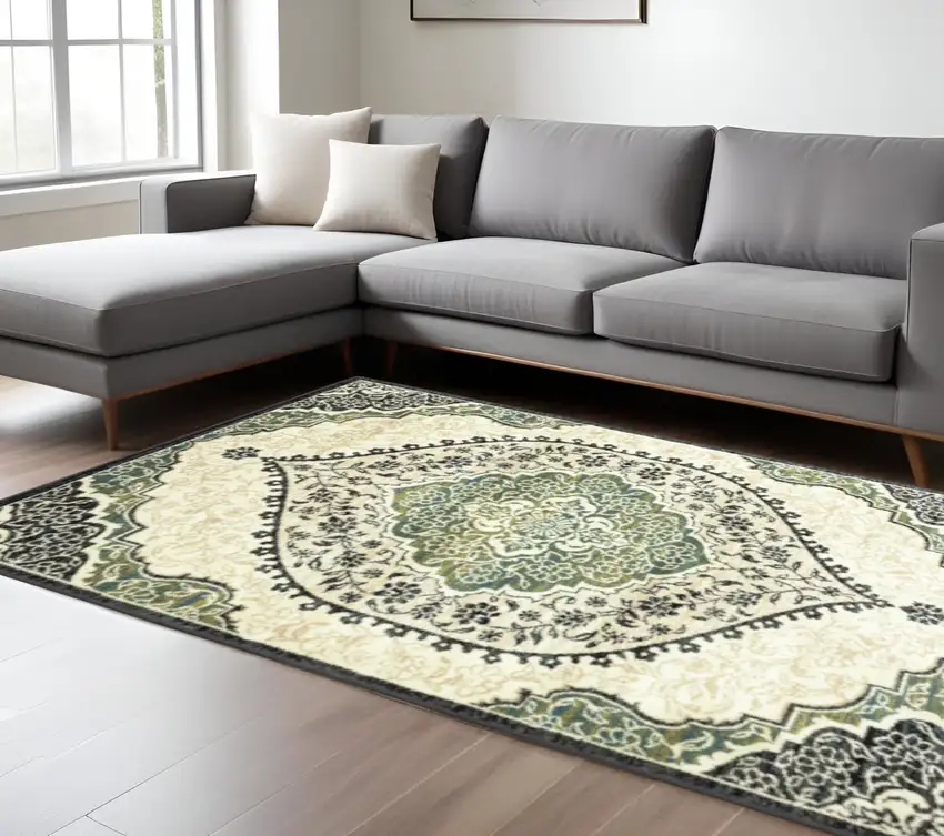 Ivory Navy And Green Oriental Power Loom Stain Resistant Area Rug Photo 1