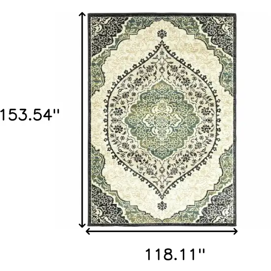 Ivory Navy And Green Oriental Power Loom Stain Resistant Area Rug Photo 3