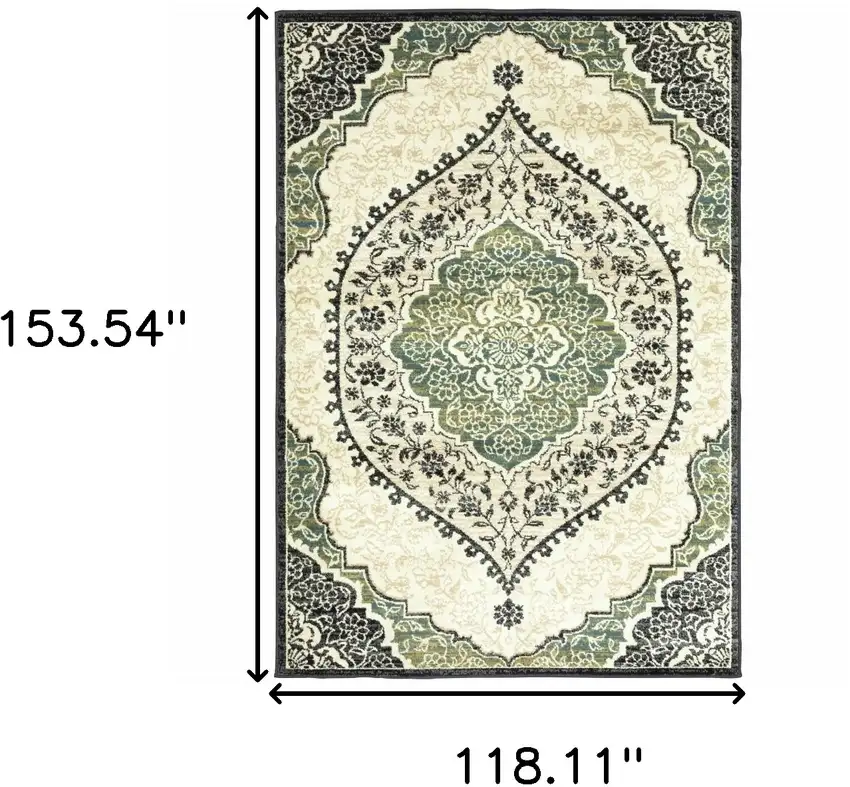 Ivory Navy And Green Oriental Power Loom Stain Resistant Area Rug Photo 3