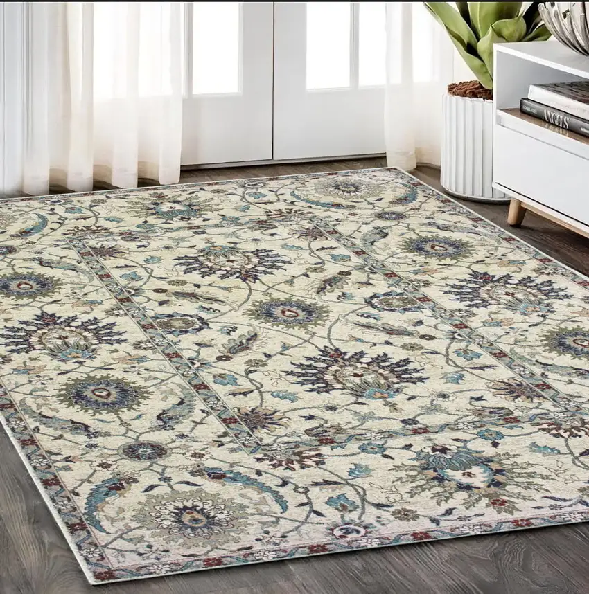 Ivory Navy Blue And Brown Oriental Area Rug Photo 1