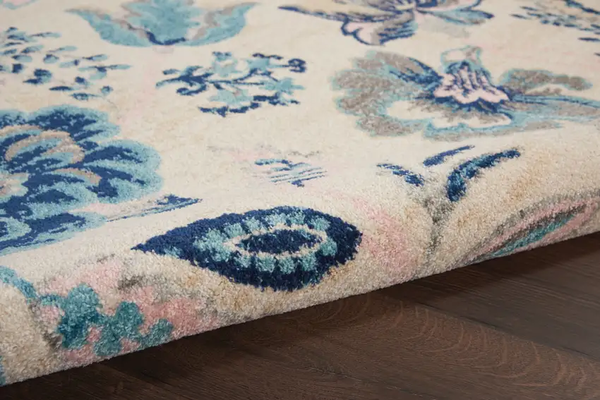 Ivory Navy Blue And Light Blue Floral Area Rug Photo 7
