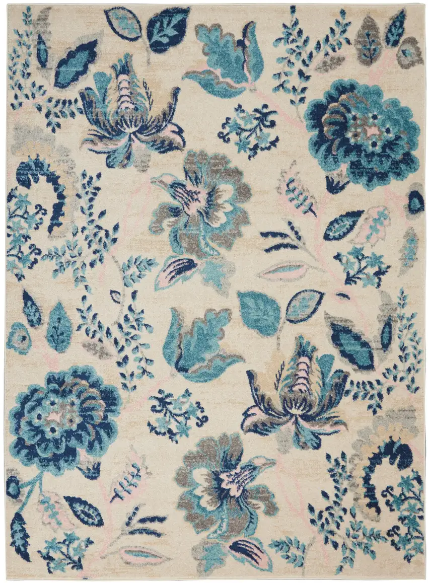Ivory Navy Blue And Light Blue Floral Area Rug Photo 2