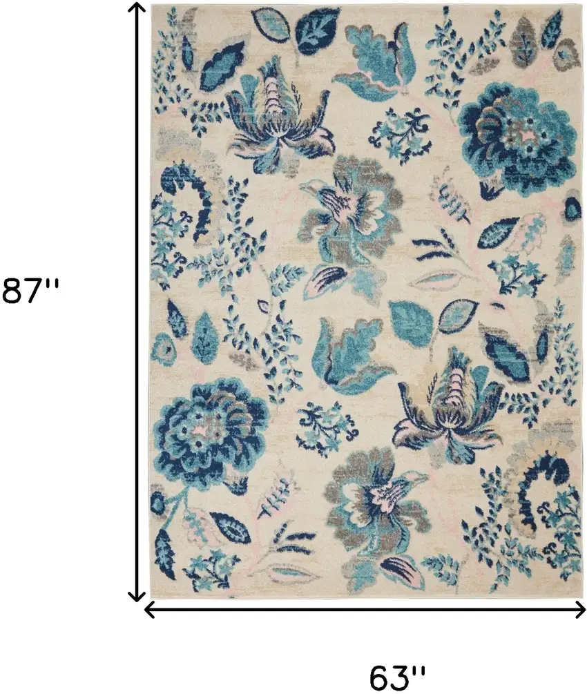 Ivory Navy Blue And Light Blue Floral Area Rug Photo 3