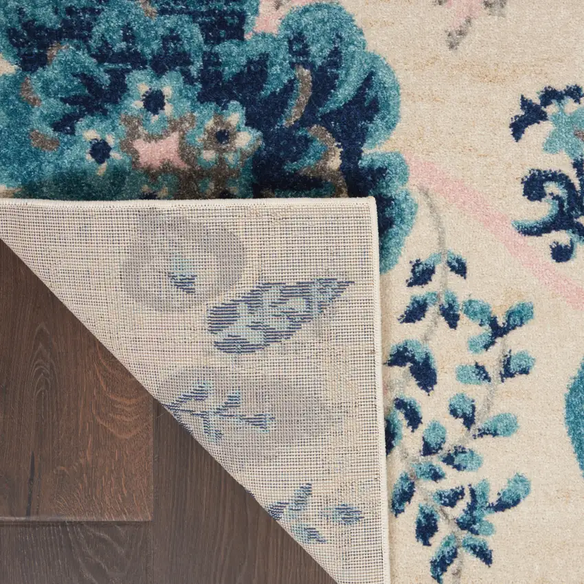 Ivory Navy Blue And Light Blue Floral Area Rug Photo 9