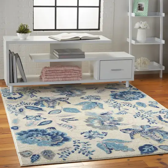 Ivory Navy Blue And Light Blue Floral Area Rug Photo 5