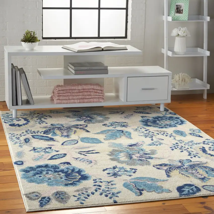 Ivory Navy Blue And Light Blue Floral Area Rug Photo 5