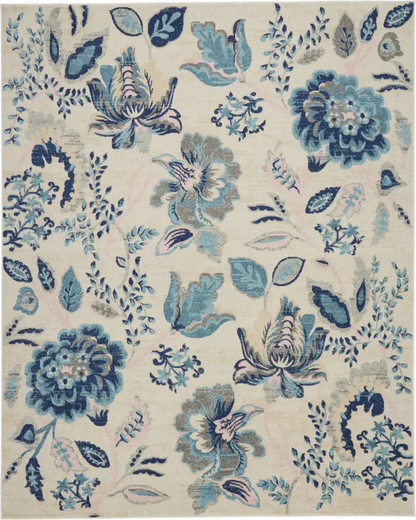 Ivory Navy Blue And Light Blue Floral Area Rug Photo 1