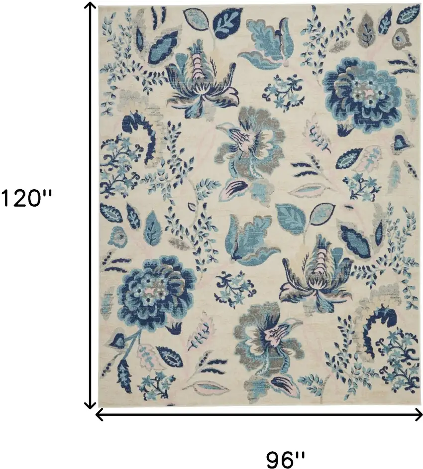 Ivory Navy Blue And Light Blue Floral Area Rug Photo 3
