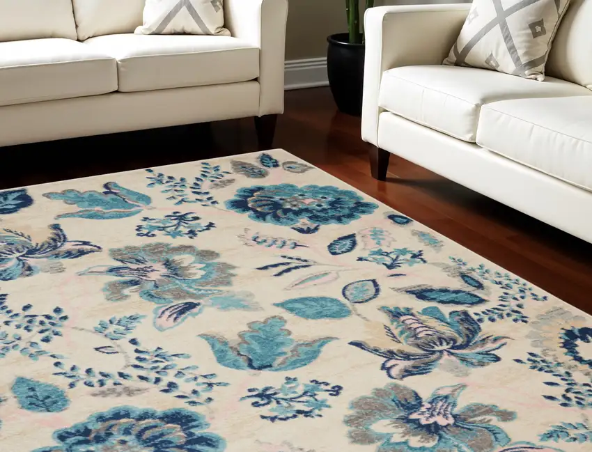 Ivory Navy Blue And Light Blue Floral Area Rug Photo 1