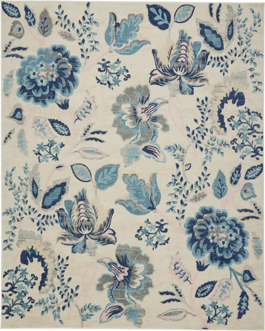 Ivory Navy Blue And Light Blue Floral Area Rug Photo 9