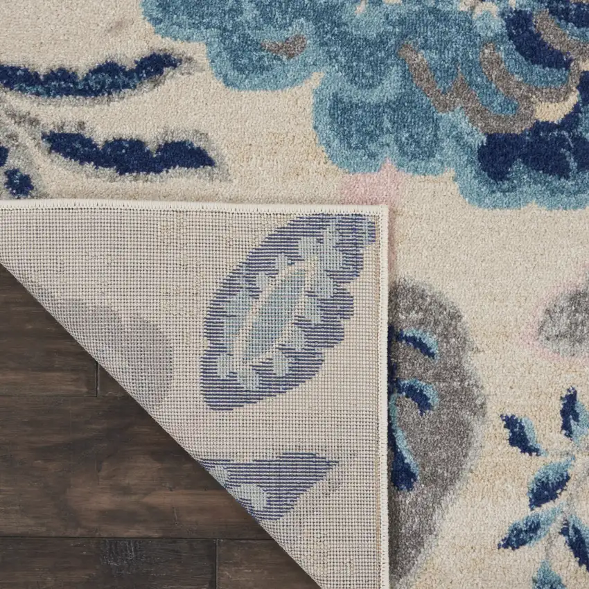 Ivory Navy Blue And Light Blue Floral Area Rug Photo 7